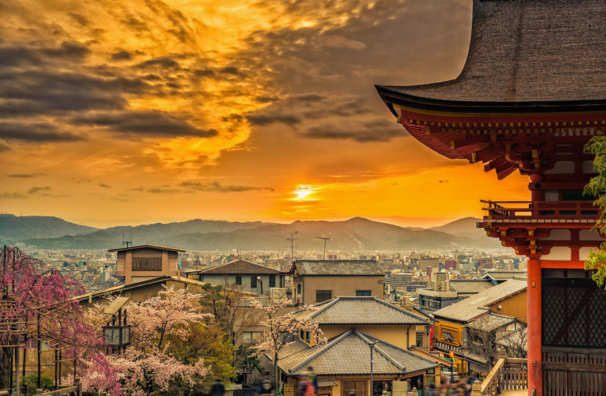 Sunset over Kyoto skyline with blossom cherry tress, Japan. Spring time